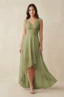 V - Neck High - Low Chiffon Bridesmaid Dress in Moss Green - SHE IS ME Bridesmaid Dresses
