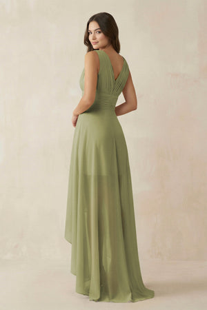 V - Neck High - Low Chiffon Bridesmaid Dress in Moss Green - SHE IS ME Bridesmaid Dresses