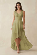 V-Neck High-Low Chiffon Bridesmaid Dress in Moss Green | KISSBRIDAL