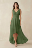 V-Neck High-Low Chiffon Bridesmaid Dress in Moss | KISSBRIDAL