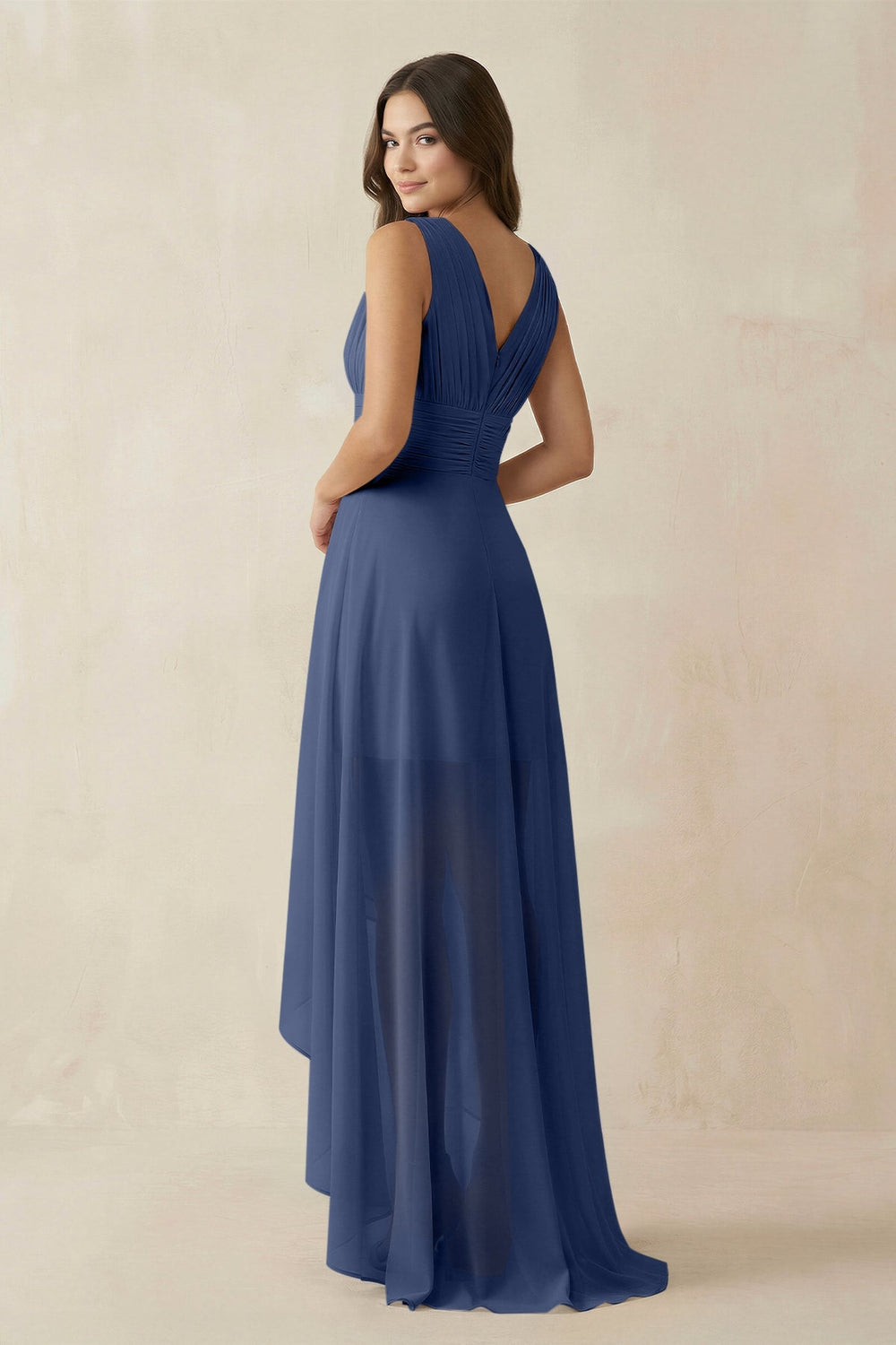 V - Neck High - Low Chiffon Bridesmaid Dress in Navy - KISS BRIDAL Bridesmaid Dresses