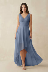 V - Neck High - Low Chiffon Bridesmaid Dress in Neptune - KISS BRIDAL Bridesmaid Dresses