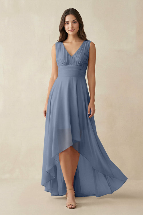 V - Neck High - Low Chiffon Bridesmaid Dress in Neptune - SHE IS ME Bridesmaid Dresses