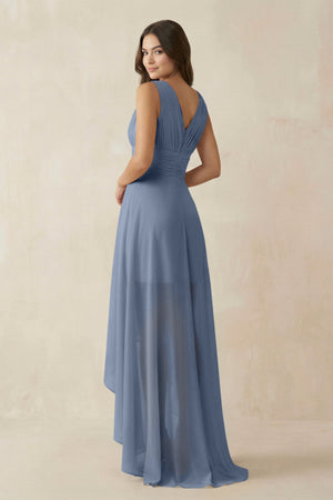 V - Neck High - Low Chiffon Bridesmaid Dress in Neptune - SHE IS ME Bridesmaid Dresses