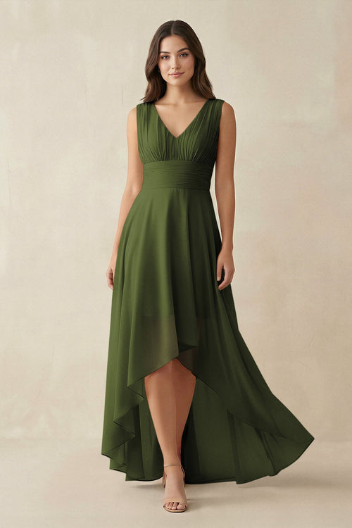 V - Neck High - Low Chiffon Bridesmaid Dress in Olive - SHE IS ME Bridesmaid Dresses