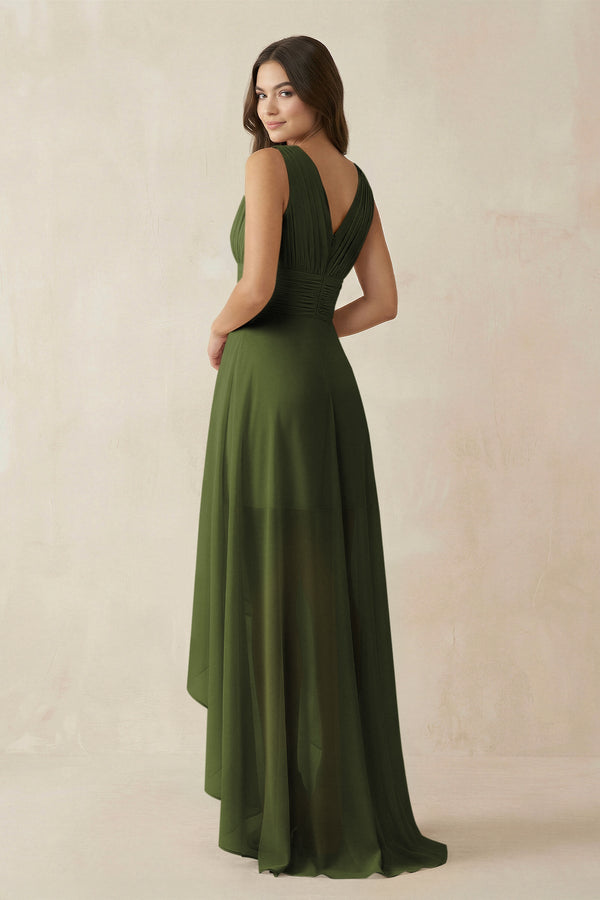 V - Neck High - Low Chiffon Bridesmaid Dress in Olive - SHE IS ME Bridesmaid Dresses