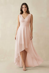V - Neck High - Low Chiffon Bridesmaid Dress in Pale Blush - KISS BRIDAL Bridesmaid Dresses