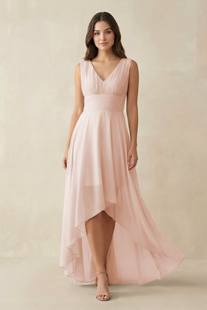 V - Neck High - Low Chiffon Bridesmaid Dress in Pale Blush - SHE IS ME Bridesmaid Dresses