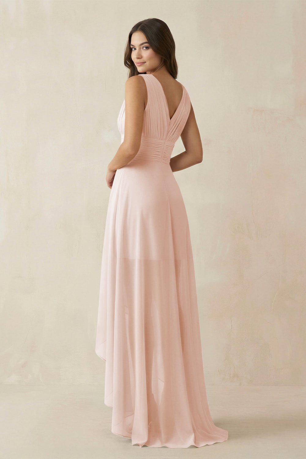 V - Neck High - Low Chiffon Bridesmaid Dress in Pale Blush - KISS BRIDAL Bridesmaid Dresses