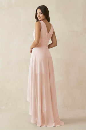 V - Neck High - Low Chiffon Bridesmaid Dress in Pale Blush - SHE IS ME Bridesmaid Dresses