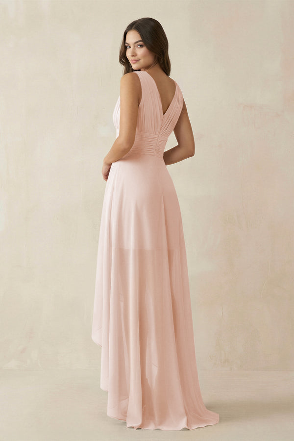 V - Neck High - Low Chiffon Bridesmaid Dress in Pale Blush - SHE IS ME Bridesmaid Dresses