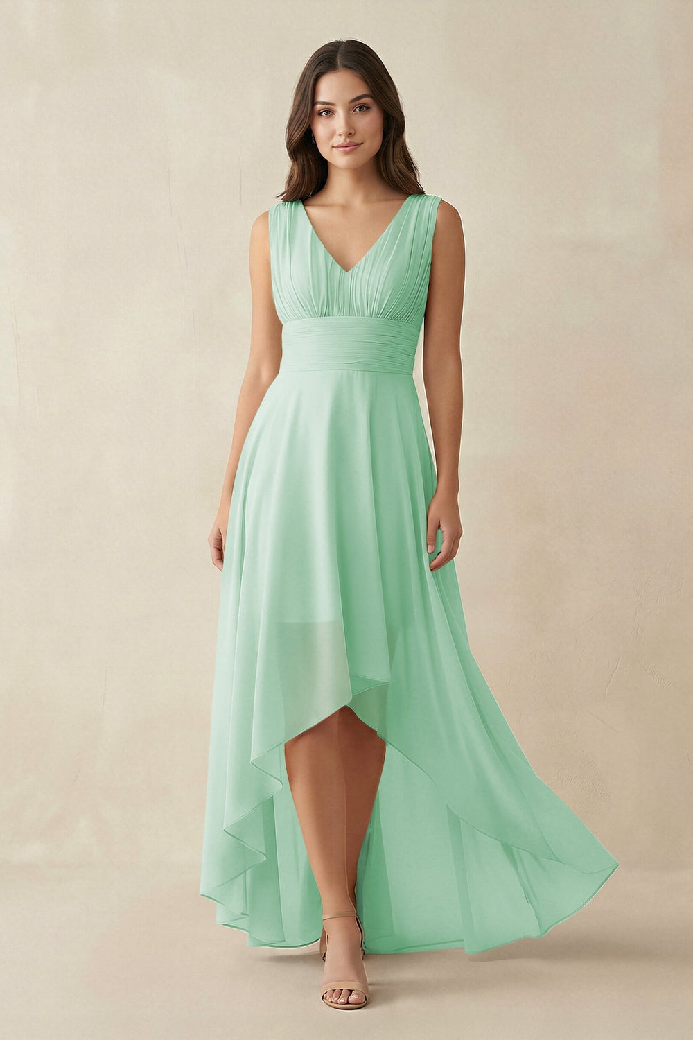 V - Neck High - Low Chiffon Bridesmaid Dress in Pale Pistachio - KISS BRIDAL Bridesmaid Dresses