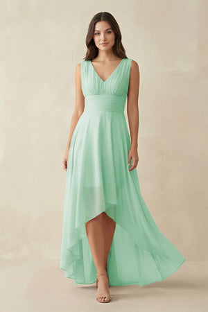 V - Neck High - Low Chiffon Bridesmaid Dress in Pale Pistachio - SHE IS ME Bridesmaid Dresses