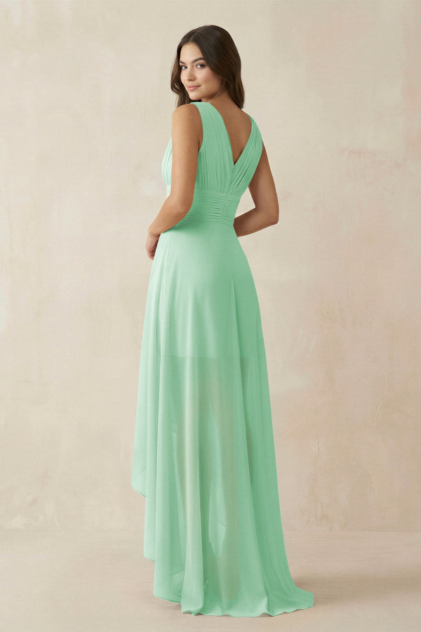 V - Neck High - Low Chiffon Bridesmaid Dress in Pale Pistachio - SHE IS ME Bridesmaid Dresses