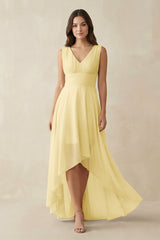 V - Neck High - Low Chiffon Bridesmaid Dress in Pastel Yellow - KISS BRIDAL Bridesmaid Dresses