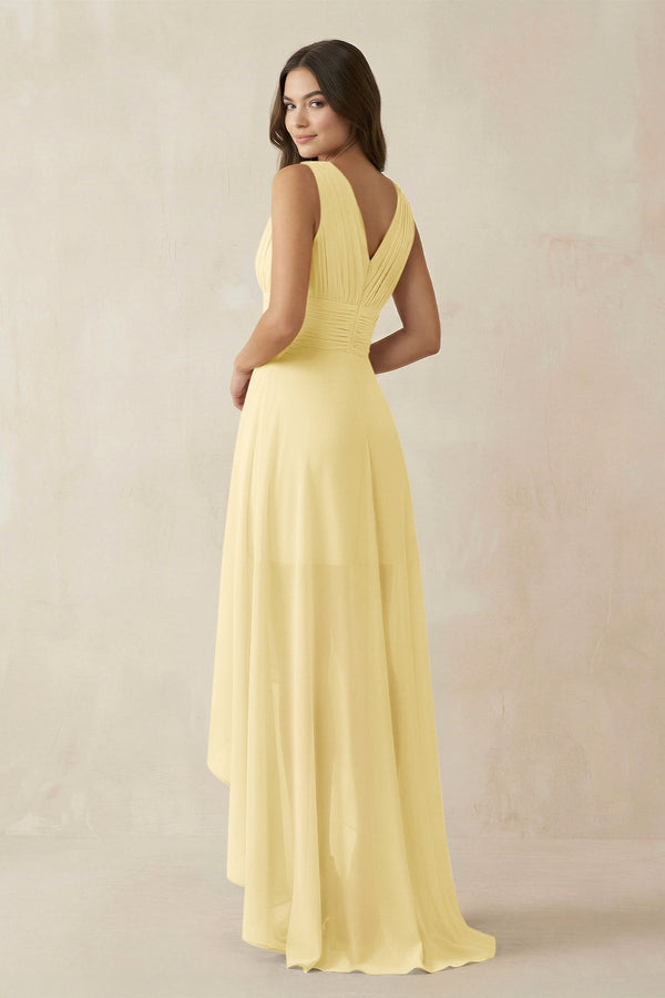 V - Neck High - Low Chiffon Bridesmaid Dress in Pastel Yellow - SHE IS ME Bridesmaid Dresses