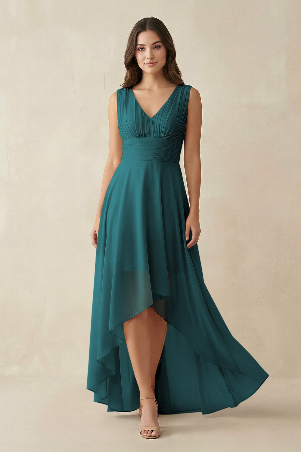 V - Neck High - Low Chiffon Bridesmaid Dress in Pine - KISS BRIDAL Bridesmaid Dresses