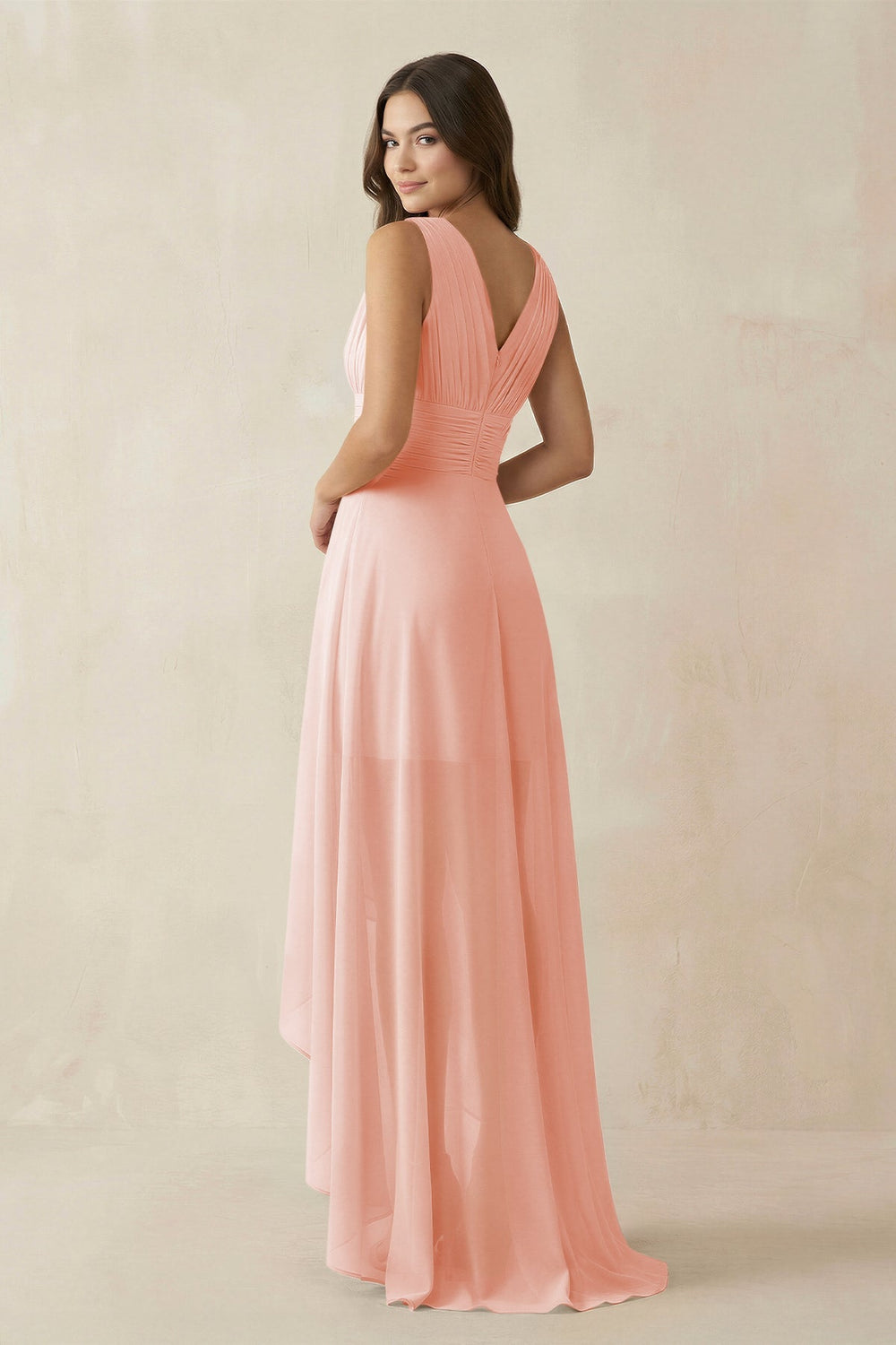 V - Neck High - Low Chiffon Bridesmaid Dress in Rose Petal - KISS BRIDAL Bridesmaid Dresses