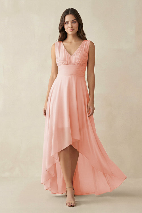 V - Neck High - Low Chiffon Bridesmaid Dress in Rose Petal - SHE IS ME Bridesmaid Dresses