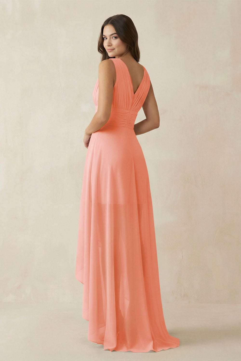 V - Neck High - Low Chiffon Bridesmaid Dress in Rosette - KISS BRIDAL Bridesmaid Dresses