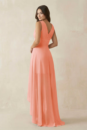 V - Neck High - Low Chiffon Bridesmaid Dress in Rosette - SHE IS ME Bridesmaid Dresses