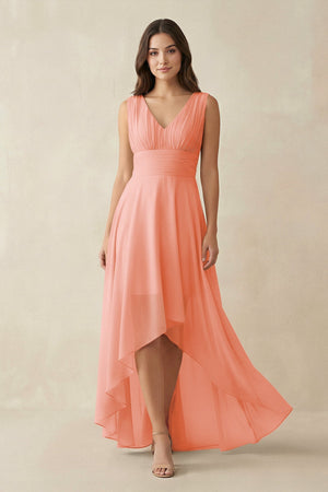 V - Neck High - Low Chiffon Bridesmaid Dress in Rosette - SHE IS ME Bridesmaid Dresses