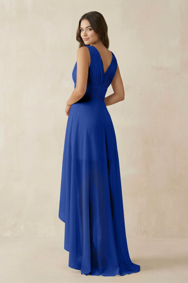 V - Neck High - Low Chiffon Bridesmaid Dress in Royal Blue - SHE IS ME Bridesmaid Dresses