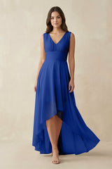 V - Neck High - Low Chiffon Bridesmaid Dress in Royal Blue - KISS BRIDAL Bridesmaid Dresses