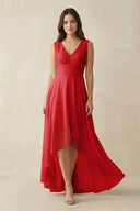 V - Neck High - Low Chiffon Bridesmaid Dress in Ruby Red - SHE IS ME Bridesmaid Dresses