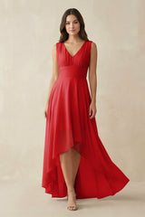 V - Neck High - Low Chiffon Bridesmaid Dress in Ruby Red - KISS BRIDAL Bridesmaid Dresses