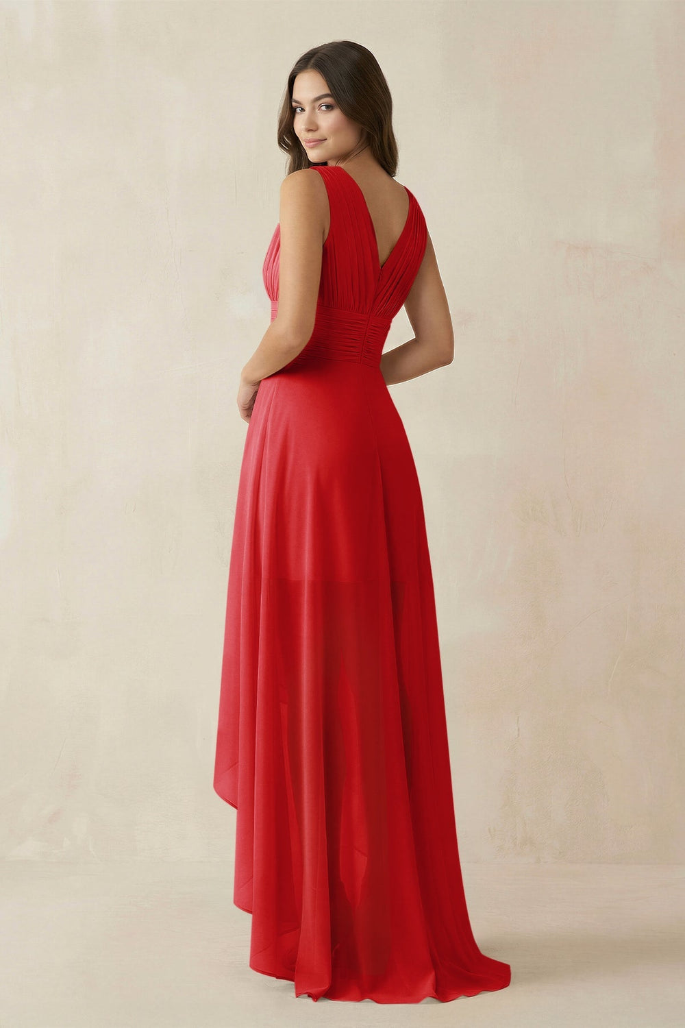 V - Neck High - Low Chiffon Bridesmaid Dress in Ruby Red - KISS BRIDAL Bridesmaid Dresses