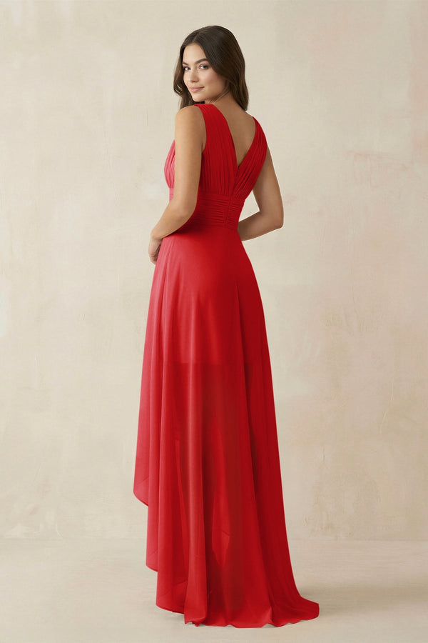 V - Neck High - Low Chiffon Bridesmaid Dress in Ruby Red - SHE IS ME Bridesmaid Dresses