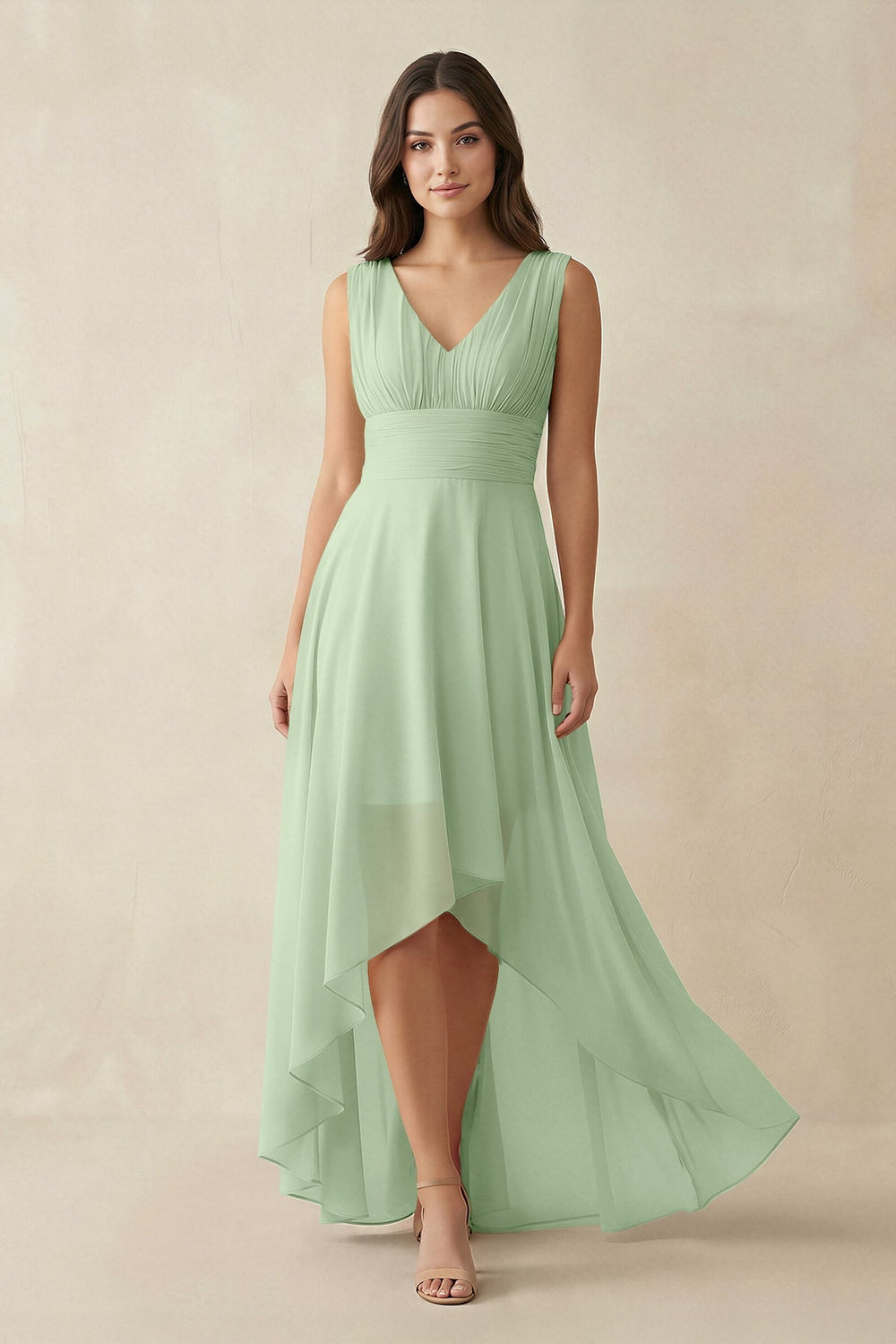 V - Neck High - Low Chiffon Bridesmaid Dress in Sage - KISS BRIDAL Bridesmaid Dresses