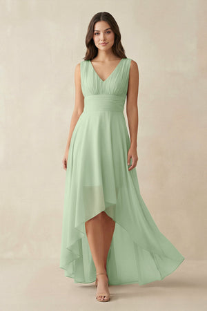 V - Neck High - Low Chiffon Bridesmaid Dress in Sage - SHE IS ME Bridesmaid Dresses