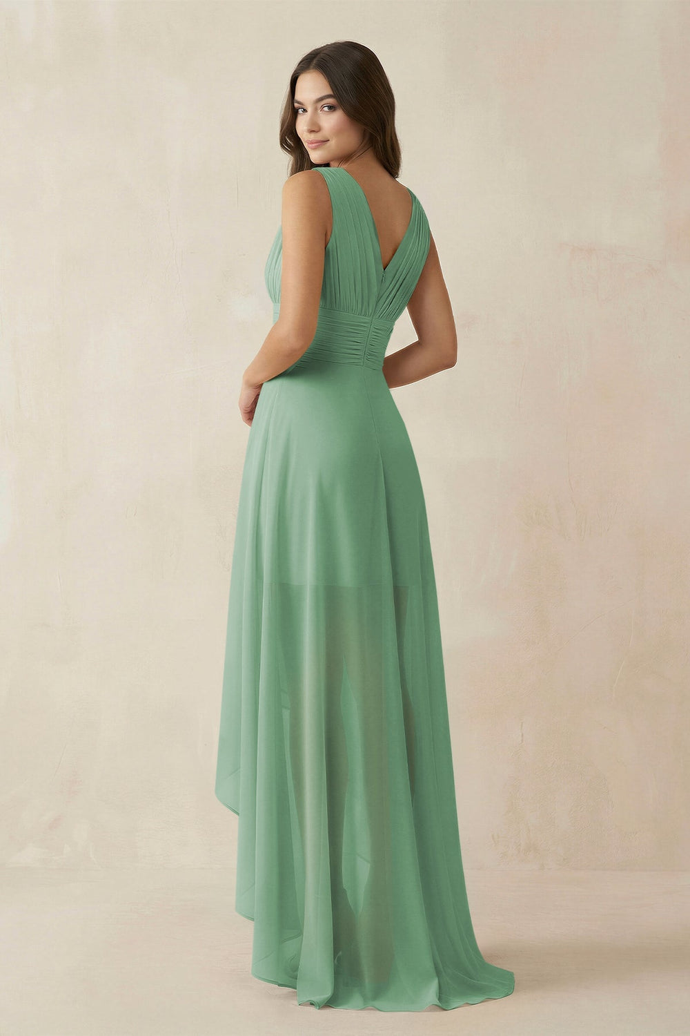 V - Neck High - Low Chiffon Bridesmaid Dress in Sea Glass - KISS BRIDAL Bridesmaid Dresses