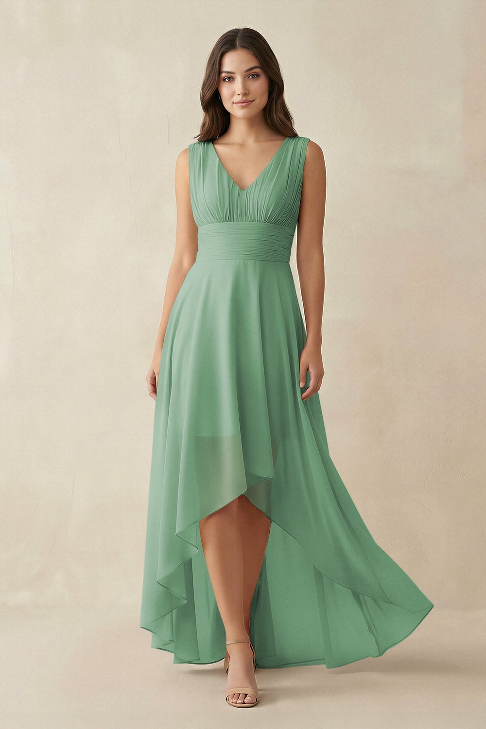 V - Neck High - Low Chiffon Bridesmaid Dress in Sea Glass - KISS BRIDAL Bridesmaid Dresses