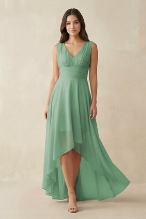 V - Neck High - Low Chiffon Bridesmaid Dress in Sea Glass - SHE IS ME Bridesmaid Dresses