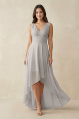 V - Neck High - Low Chiffon Bridesmaid Dress in Silver - KISS BRIDAL Bridesmaid Dresses