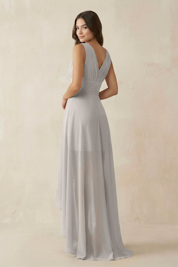 V - Neck High - Low Chiffon Bridesmaid Dress in Silver - SHE IS ME Bridesmaid Dresses