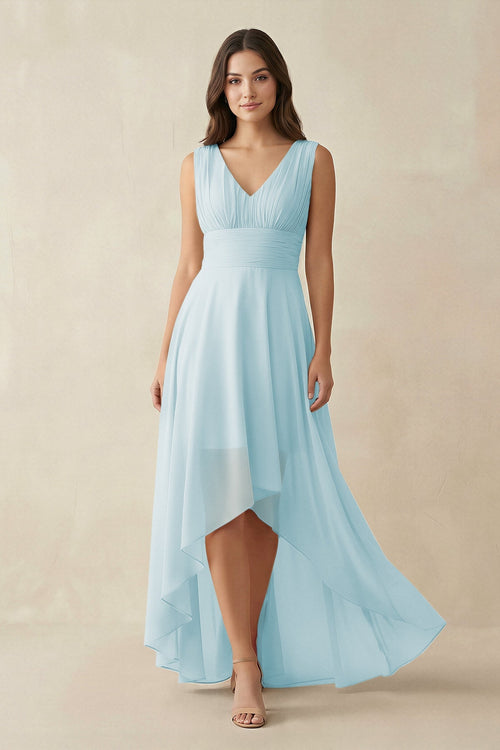 V - Neck High - Low Chiffon Bridesmaid Dress in Sky Blue - SHE IS ME Bridesmaid Dresses