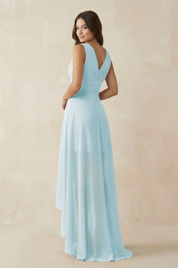 V - Neck High - Low Chiffon Bridesmaid Dress in Sky Blue - SHE IS ME Bridesmaid Dresses