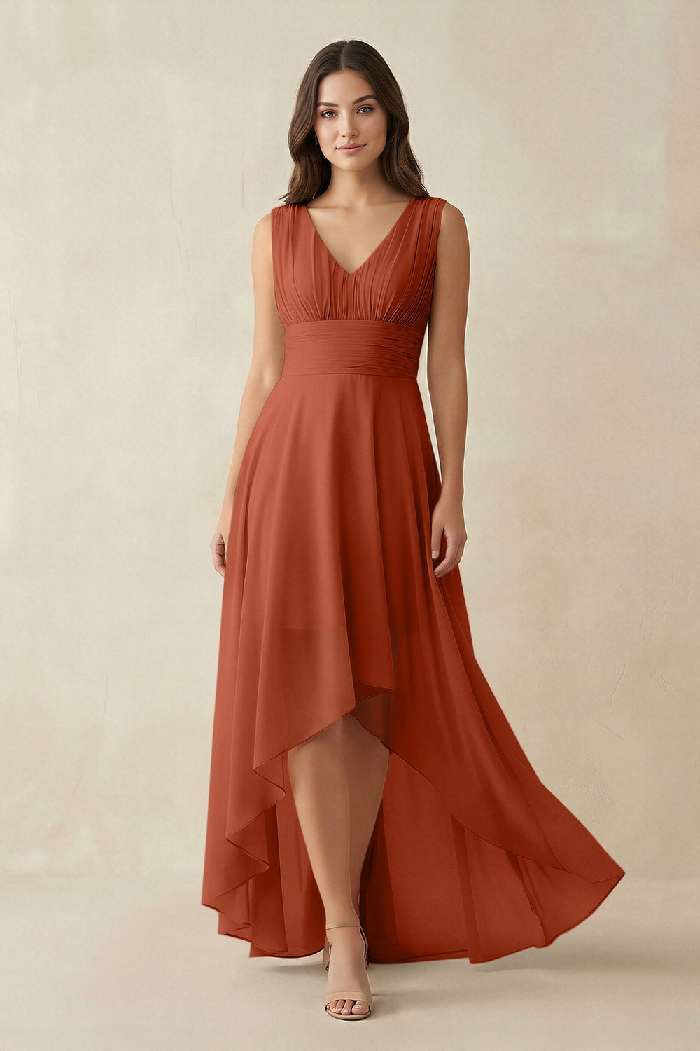 V - Neck High - Low Chiffon Bridesmaid Dress in Spice - KISS BRIDAL Bridesmaid Dresses