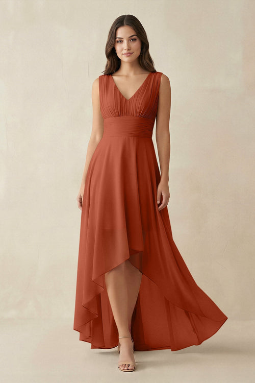 V - Neck High - Low Chiffon Bridesmaid Dress in Spice - SHE IS ME Bridesmaid Dresses