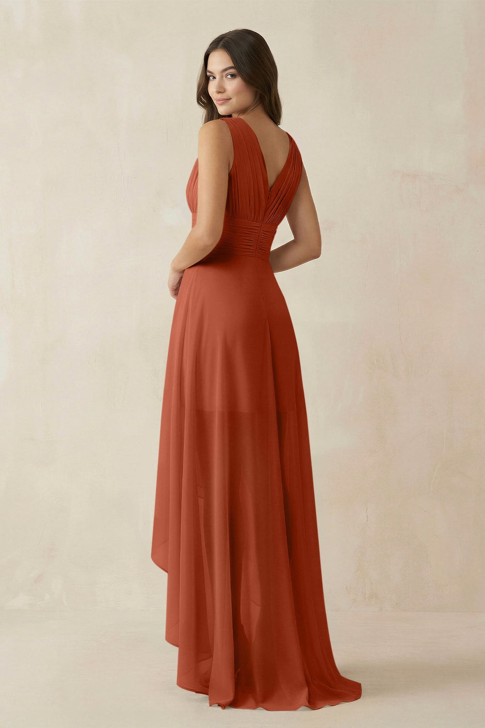 V - Neck High - Low Chiffon Bridesmaid Dress in Spice - KISS BRIDAL Bridesmaid Dresses