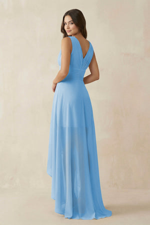 V - Neck High - Low Chiffon Bridesmaid Dress in Steel Blue - SHE IS ME Bridesmaid Dresses