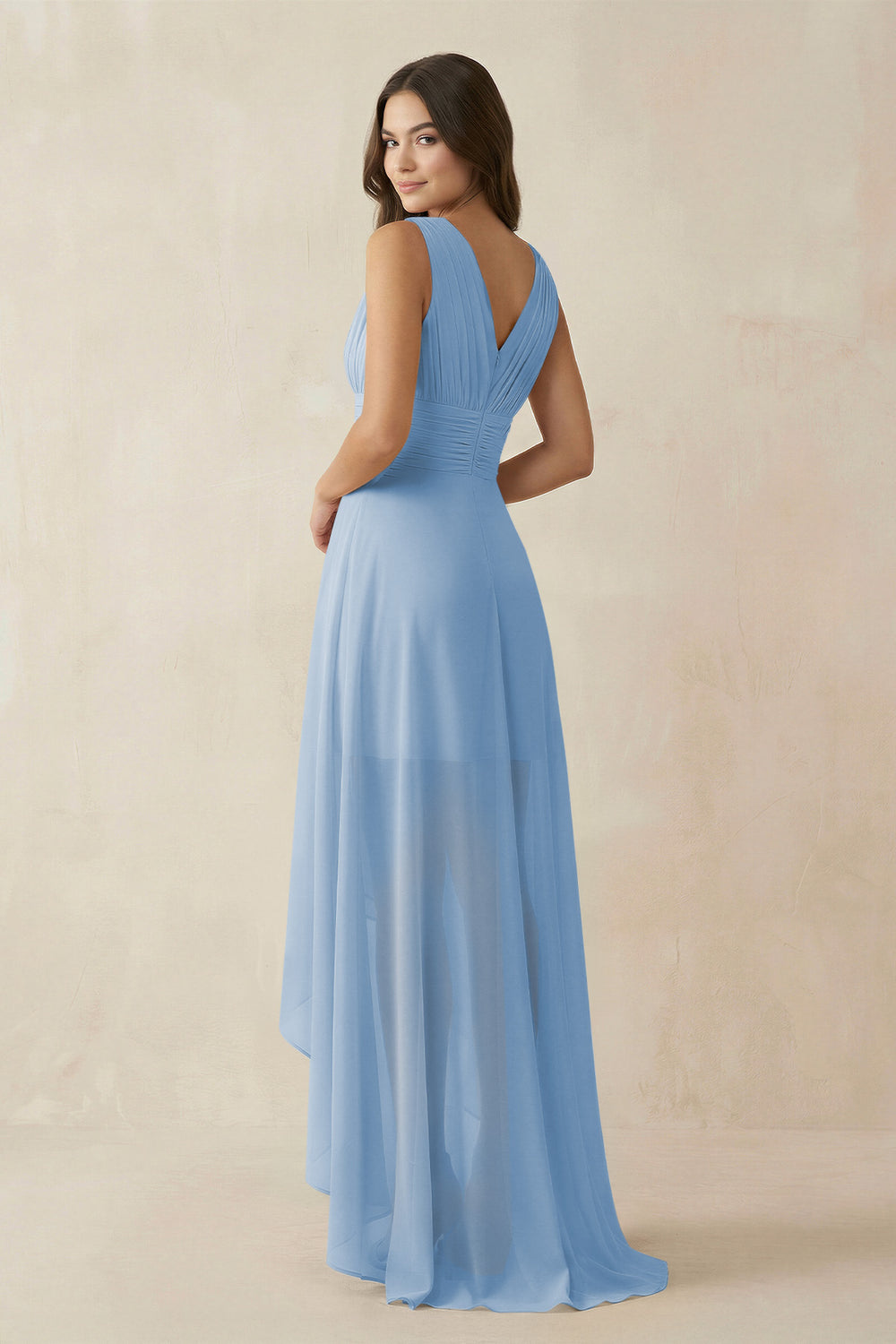 V-Neck High-Low Chiffon Bridesmaid Dress in Steel Blue
