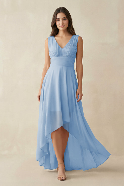 V - Neck High - Low Chiffon Bridesmaid Dress in Steel Blue - KISS BRIDAL Bridesmaid Dresses