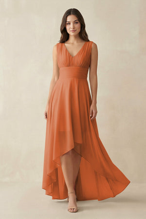 V - Neck High - Low Chiffon Bridesmaid Dress in Terracotta - SHE IS ME Bridesmaid Dresses