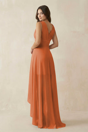 V - Neck High - Low Chiffon Bridesmaid Dress in Terracotta - SHE IS ME Bridesmaid Dresses