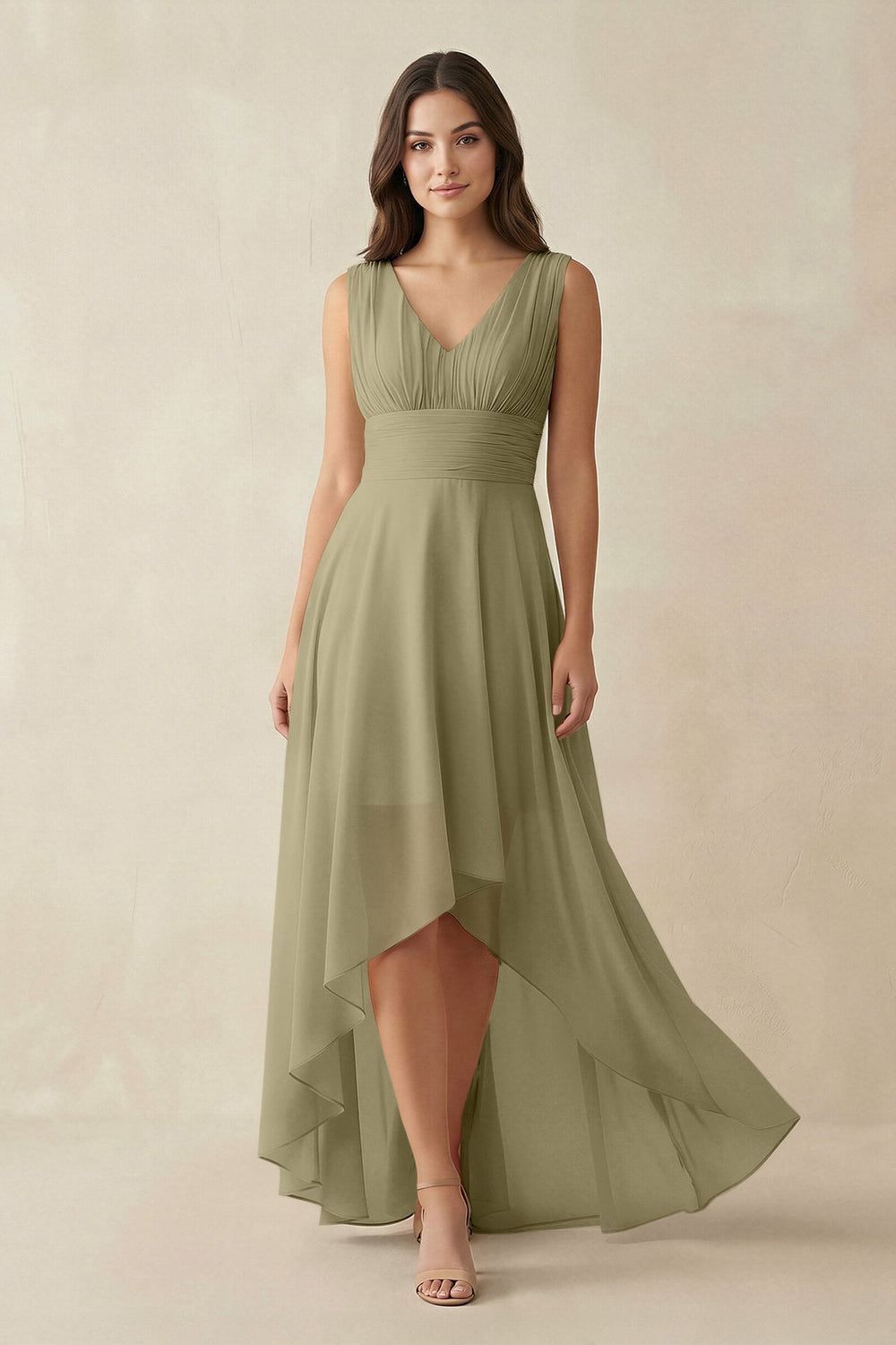 V - Neck High - Low Chiffon Bridesmaid Dress in Thyme - KISS BRIDAL Bridesmaid Dresses